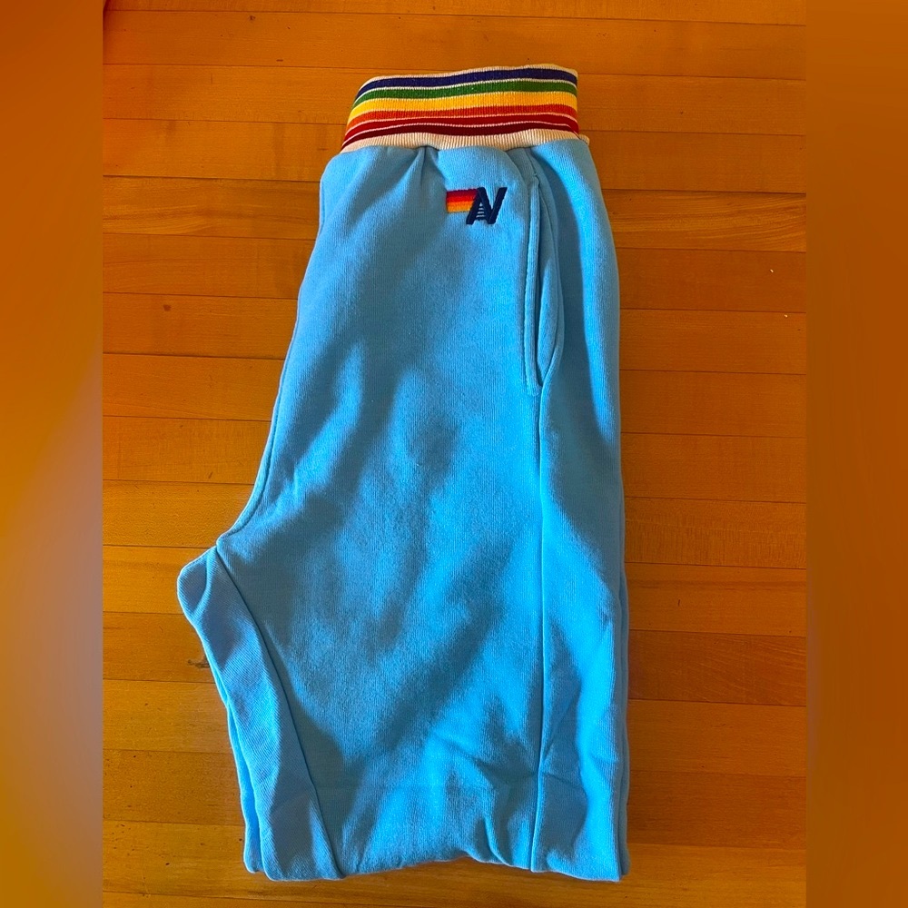 Blue Track Pants with Multicolor Waistband